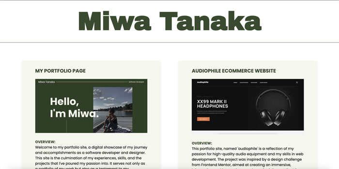 Screenshot: Portfolio Details, Miwa's Work Summary, page