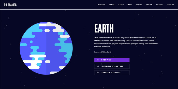 Screenshot: Planetary Facts Website, The planets, page